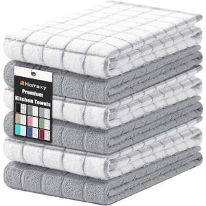 Homaxy Premium Cotton Kitchen Towels 16"x 28", Large Natural Ring Spun 390 GSM Dish Towels, Super Absorbent Terry Kitchen Hand Towels, Soft Tea Towels with Hanging Loop, Light Grey Check, 6 Pack