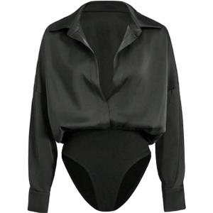 GORGLITTER Women's Deep V Neck Long Sleeve Shirts Bodysuit Satin Button Down Party Night Sexy Leotard Tops (Black) XL