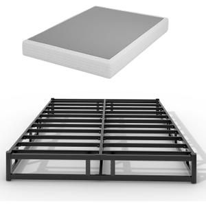 Box Spring Low Profile Bed Base Matel Mattress Foundation with Cotton Washable Cover Quiet Easy Assembly Sturdy Support for All Bed Types (Black, Queen)