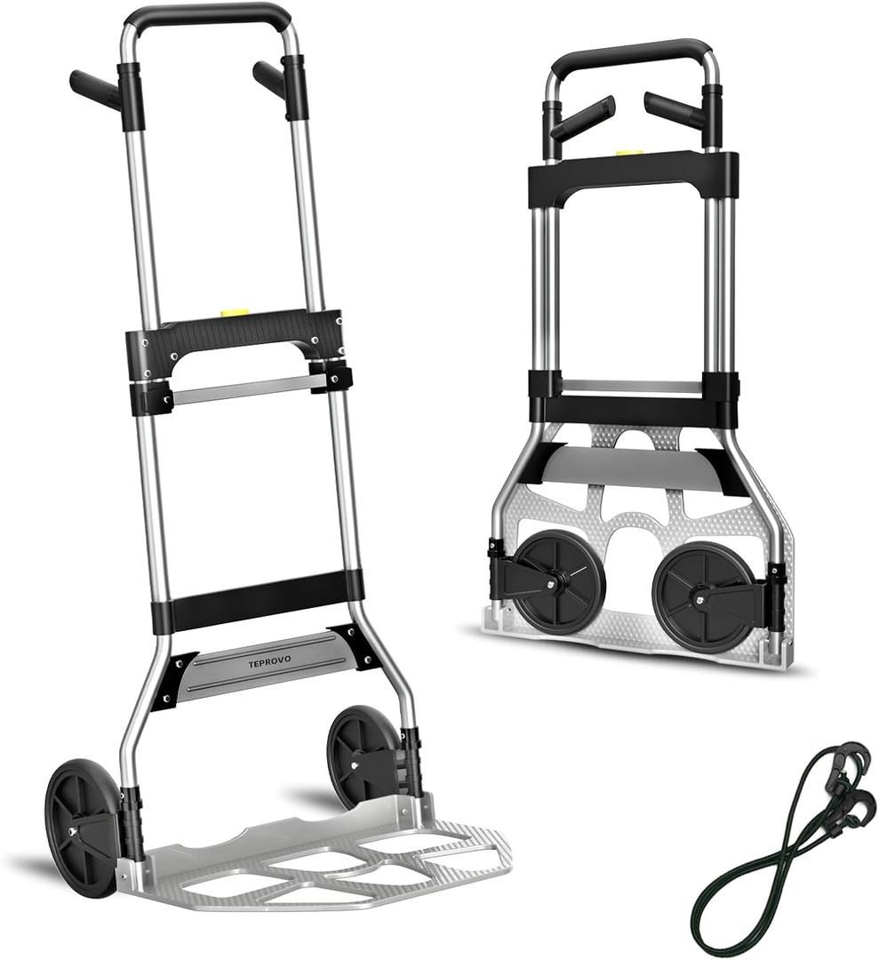 Teprovo Folding Hand Truck Dolly Cart,340LB Capacity Portable Aluminum Dolly Cart with Telescoping Handle and 7 Inch Rubber Wheels for Moving,Shopping,Travel,Office Use