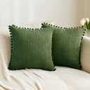 MIULEE Boho Decorative Throw Pillow Covers with Pom-poms, Soft Corduroy Square Solid Cushion Cases for Couch Sofa Bedroom, 18x18 inch Moss Green (18" x 18" (Pack of 2))