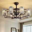 34" Crystal Chandelier Ceiling Fan 8 Lights Vintage Flush Mounted Fandelier Bronze Invisible Blades Ceiling Fan for Bedroom Dining Room Living Room Kitchen Farmhouse Entry