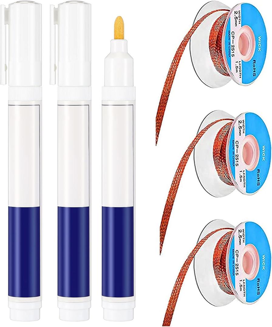 No Clean Soldering Pen and Solder Remover Wick, 0.1 Inch Wide and 59 Inch Long, Solder Braid Wick Liquid Flux for Electronics Welding Repair Tabbing Wire Maintenance