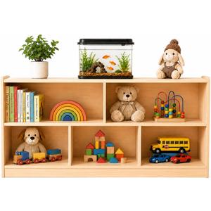 bbgroundgrm Kids Bookshelf and Toy Storage Organizer, Pine Wood Shelf with 5 Open Cubbies, Montessori Bookshelf and Storage Shelves for Children's Room, Nursery, Playroom, Classroom, Natural Wood, 44.6 x 11.7 x 23.6 inches