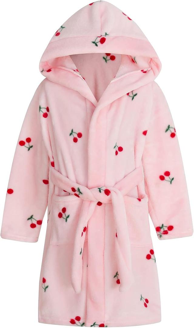 Umeyda Girls Fleece Hooded Robes, Warm Printed Bath Robe for Kids Soft Fuzzy Bathrobe for Gifts (2T, Cherry Pink)