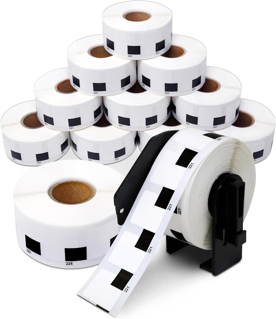 Aegis Adhesives - Replacement for Brother DK-1221 (12 Rolls, 12000 Total) 0.9" Square Direct Thermal Barcode Price Labels with Reusable Frame - Compatible with QL Printers, QL-800, QL-810W, QL-820NWB