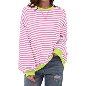 AlvaQ Womens Oversized Sweatshirt 2024 Casual Crewneck Long Sleeve Colorblock Striped Pullover Tunic Tops Outfits Size Large