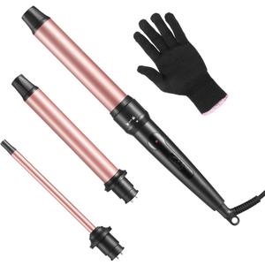 Curling Iron Wand, 3 in 1 Curling Wand Set with Ceramic Barrel for Long/Medium Hair, 0.35"-1.25" Interchangeable Hair Curler Wand, Dual Voltage, Includes Glove & Clips (Gold)