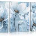 Yidepot Magnolia Flower Picture Wall Decor: Handpainted Blue And White Flower Canvas Wall Art for Bedroom Floral Painting Frame Ready to Hang (16"x24"x3 Panels)