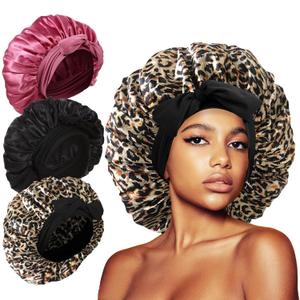 3Pcs Silk Bonnet for Sleeping, Satin Hair Bonnets for Black Curly Hair Women Jumbo Bonnet with Tie Band Braids (Black Leopard Rose-pink)