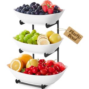Lifewit Plastic Fruit Bowl Basket for Kitchen Countertop, 3 Tier Fruit Holder with Black Metal Stand, Serving Tray for Food, Vegetable, Cake, Dessert in Party
