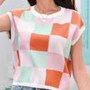 Womens Cap Sleeve Summer Tops Crop Checkered Y2K Outfits Cute Preppy Clothes Loose Fit Lightweight Short Sleeve Sweater (XL)