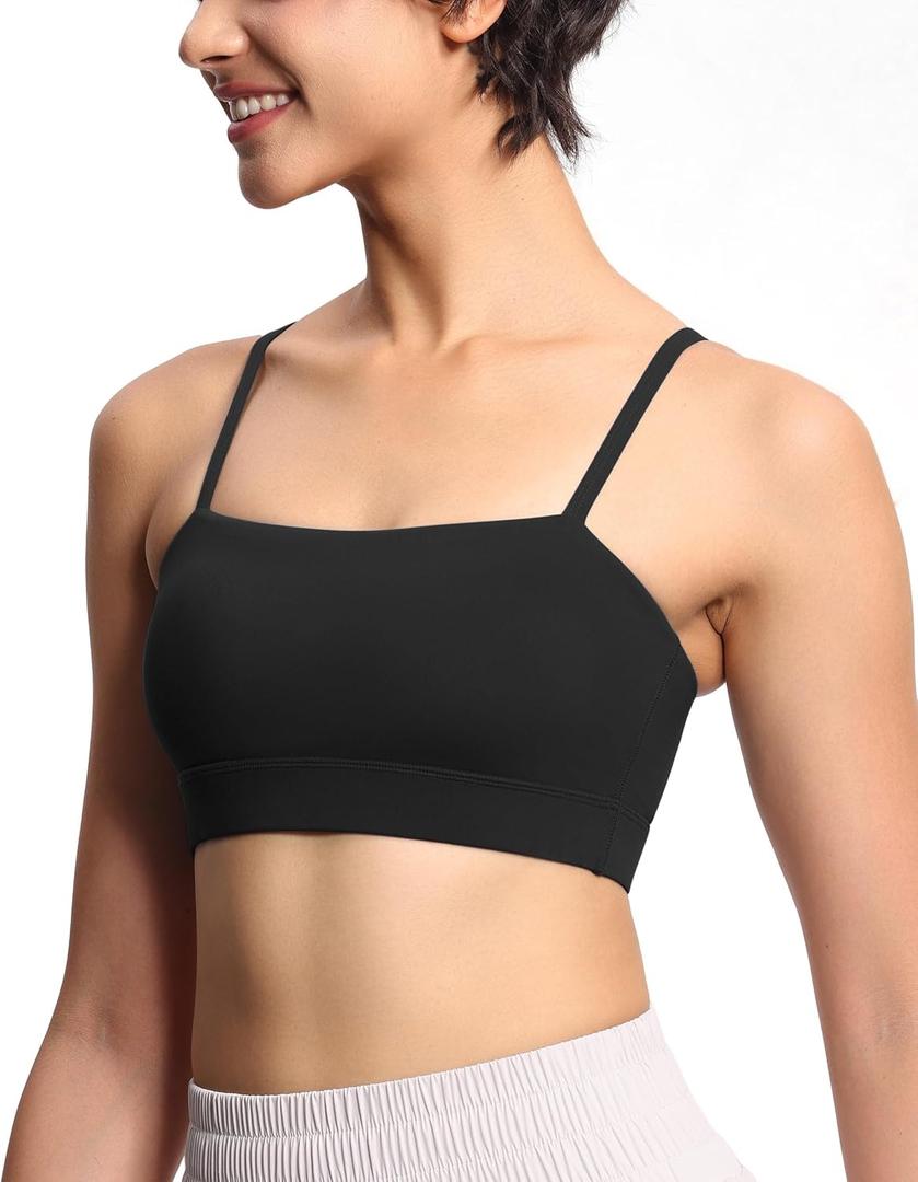 THE GYM PEOPLE Women's Adjustable Spaghetti Strap Sports Bras Wirefree Workout Tops with Removable Padded (Large, Black)