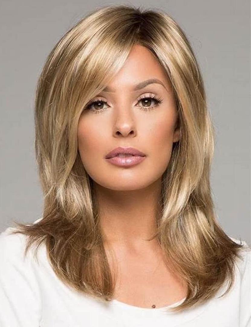 RENERSHOW Blonde Wavy Wig Medium Length Wigs for Women Ombre Blonde Synthetic Wig Layered Mixed Blonde Natural Hair