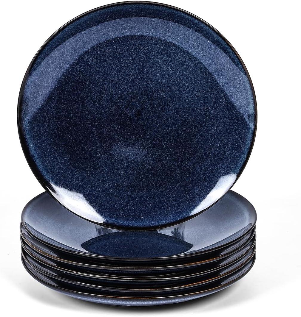 vicrays Ceramic Round Plates Set of 6 - Porcelain 8 inch Dinner Plates for Salad Dessert Appetizer Bread - Microwave Oven and Dishwasher Safe - Blue