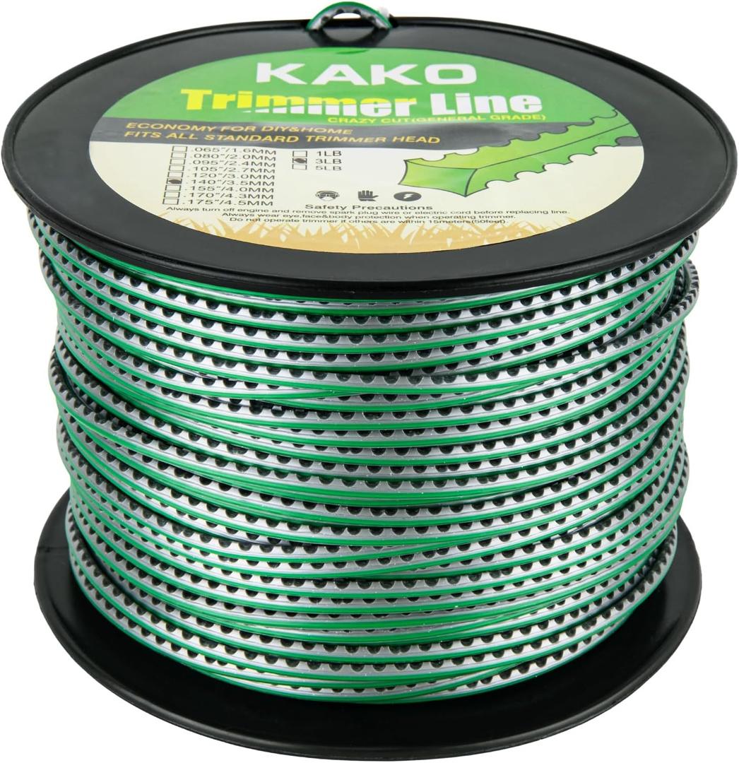 KAKO Sawtooth 140 Trimmer Line, Heavy Duty Sawtooth Weed Wacker String .140, Weed Eater String .140 inch-by-388ft-3lb Dual Core String Serrated Trimmer Line with Line Cutter