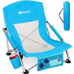 AKSOUL Folding Beach Chair for Adults: Low/High Back Chairs with Carry Bag - Extra Wide Seat Chair with Comfortable Pillow & Storage Pocket (1 Pack & 2 Pack, Blue) (Low Back Blue 1 Pcs)