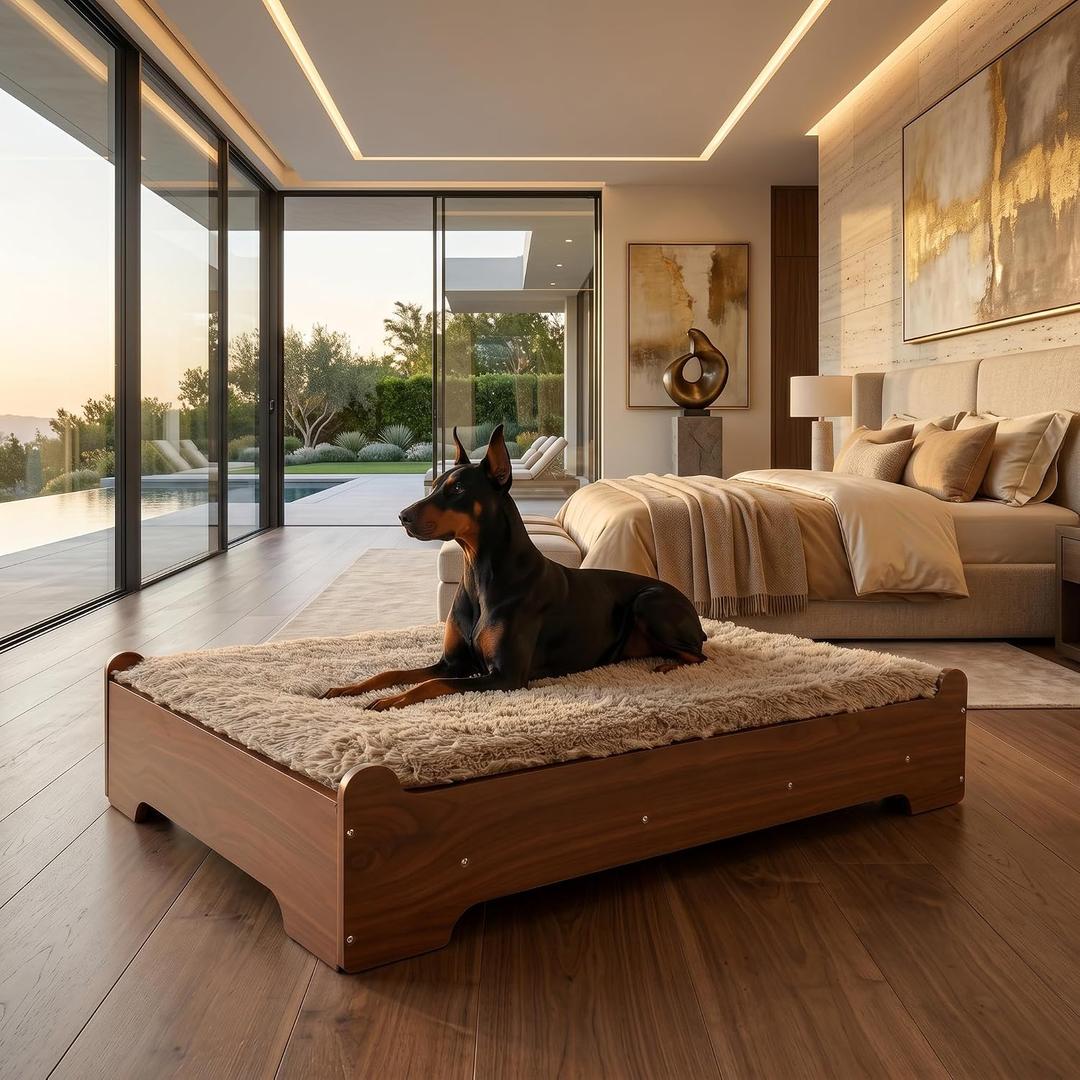 Elevated Wood Dog Bed Frame with Foam Mattress, WalnutPattern, L