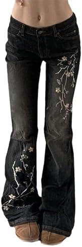 Women's Bell Bottom Jeans, Stretchy Flare Mid Rise, Embroidery Vintage Denim Pants 90s Outfits, Y2k Clothes, XXL