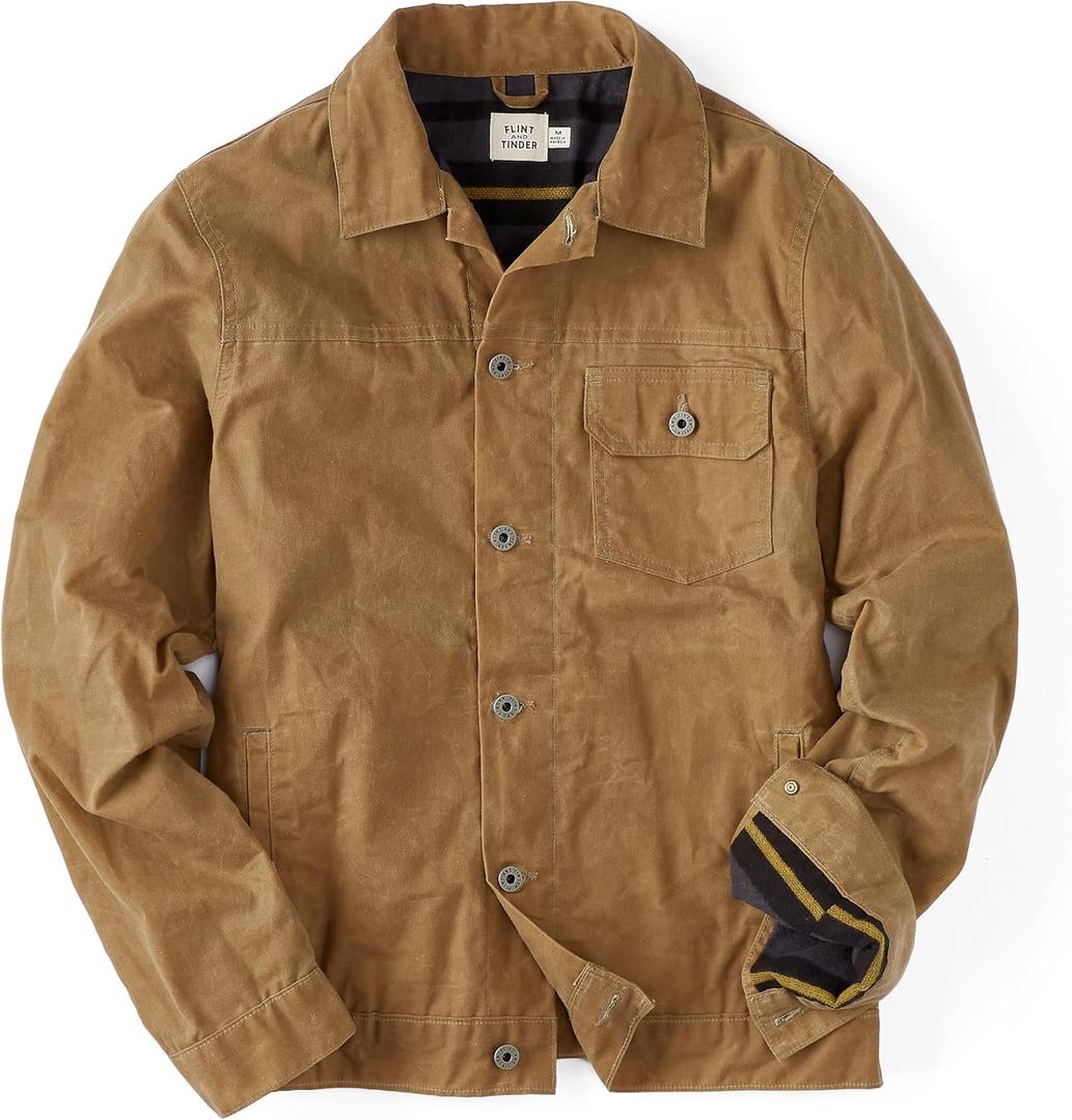 Huckberry Flint and Tinder Men's Flannel-Lined Waxed Trucker Jacket, Water & Weather Resistant Mens Jacket, L