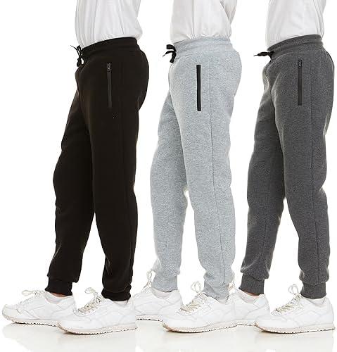 PURE CHAMP 3Pk Boys Sweatpants Fleece Athletic Workout Kids Clothes Boys Joggers with Zipper Pocket and Drawstring Size 10-12, Big Boy