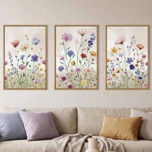 Aurlan Boho Watercolor Wildflower Framed Canvas Wall Art Set-24“x36 x3