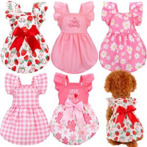 Abbylike 5 Pcs Dog Dress Floral Daisy Plaid Bowknot Dog Clothes Cute Summer Puppy Dresses Outfits Soft Apparel for Pets Cats Female(Pink Sweet,Large)