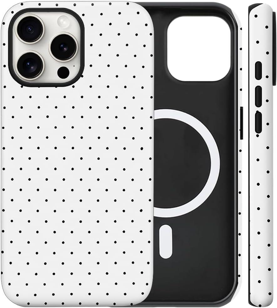Magnetic for iPhone 16 Pro Case Cute Polka Dot Phone Case, Shockproof Slim TPU and Hard PC Protective Phone Cover Compatible with MagSafe Designed for Women Girls, White