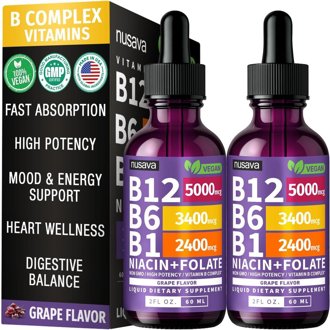 NUSAVA B12 Liquid Drops 5000mcg, Grape Flavor, Pack of 2 | Energy, Brain and Heart Support, Methylcobalamin B12 with B6 and B Complex, Vegan, Sublingual Drops for Women and Men Exp: 06/2028