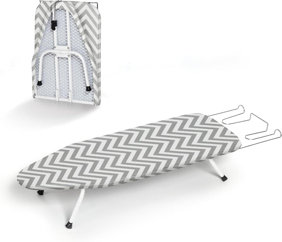 Folding Ironing Board for Small Space, RAINHOL Mini Collapsible Ironing Boards, with Hook, Iron Rest, Heat-Resistant 100% Cotton Cover and Pad, Gray and White Stripes, 31" x 12", Steel Mesh