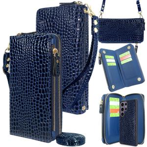 Harryshell Compatible with Samsung Galaxy S25 Ultra Case Wallet Detachable Phone Cover Dual Zipper [11 Card Slots] with [ RFID Blocking ] Crossbody Wrist Strap (Crocodile Deep Blue)
