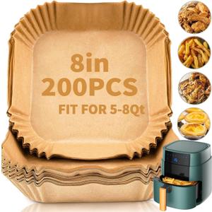 200 PCS Air Fryer Disposable Paper Liners,8 Inch Square Parchment Disposable Paper Liner for 5-8QT Air Fryer, Baking, Roasting and Microwave, Non-Stick Airfryer Accessories (Nature)