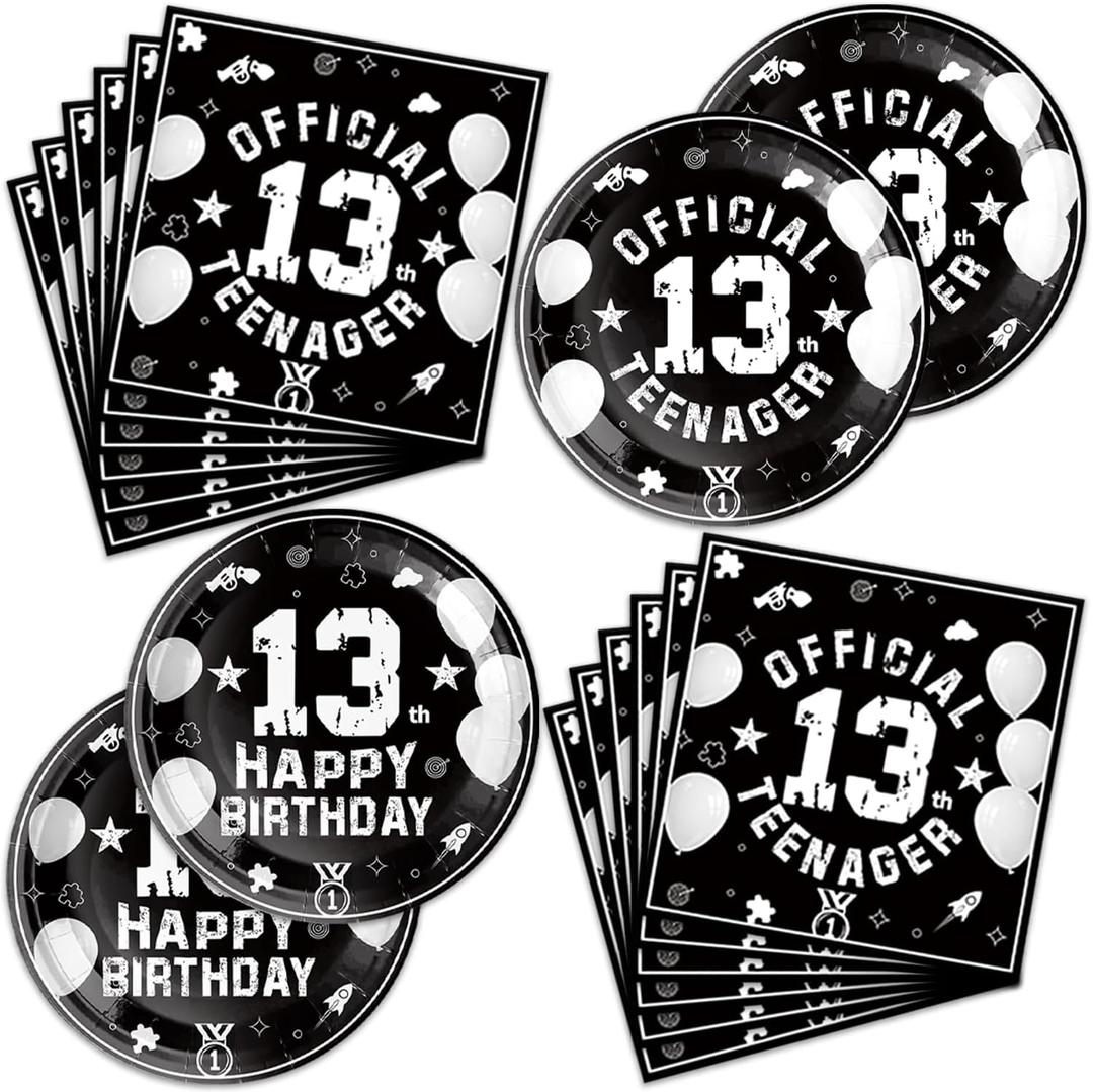 40Pcs 13th Birthday Party Decorations Plates Disposable Tableware Include Plates and Napkins For 20 Guests 13th Birthday Decorations for Boys Girls (White and Black 7)