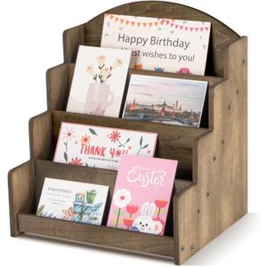 PUERSI Greeting Card Display Stand, Wooden 4-Tier Postcard Display Stand Holder for Sticker, Vendors, Retail Stores, Brown