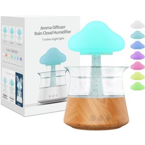 Rain Water Drop Humidifier - Mushroom Cloud Lamp Humidifier, Essential Oil Diffusers, 300ml White Noise Aromatherapy Diffusers with 7 Colors Cloud Lights for Home, Large Room, Office - Wood Grain