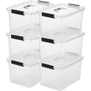 Clear Storage Latch Box 12 Quart, Plastic Organizing Box/Bin with Lid and Black Handles, 6-Pack