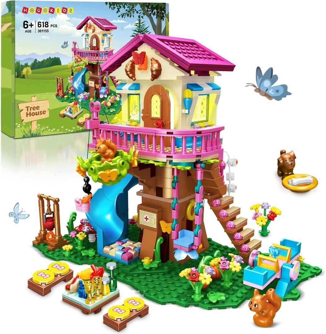 HOGOKIDS Tree House Building Set with LED Light - 622pcs Treehouse Building Blocks Toys, Forest Up House Toys with Slide, Birthday Easter Gifts for Kids Girls Boys Age 8 9 10 11 12+