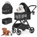 X-5 Luxury Pet Stroller for Medium Dog Up to 55 lbs or 2 Small Dogs Cats, 3-in-1 Detachable Carrier & Car Seat, One-Touch Folding, Adjustable Handle, All-Terrain Wheels, Full View, Black