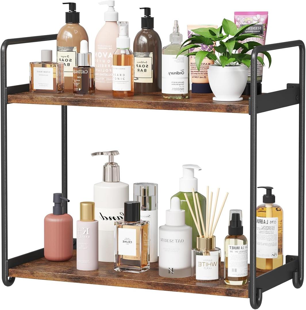 Homeiju Bathroom Organizer and Storage - Countertop & Wall-Mounted Shelves, 2-Tier Makeup Organizers, Vanity Organizer, Water-Resistant Wood/Metal for Vanity, Kitchen, BedroomEasy Install