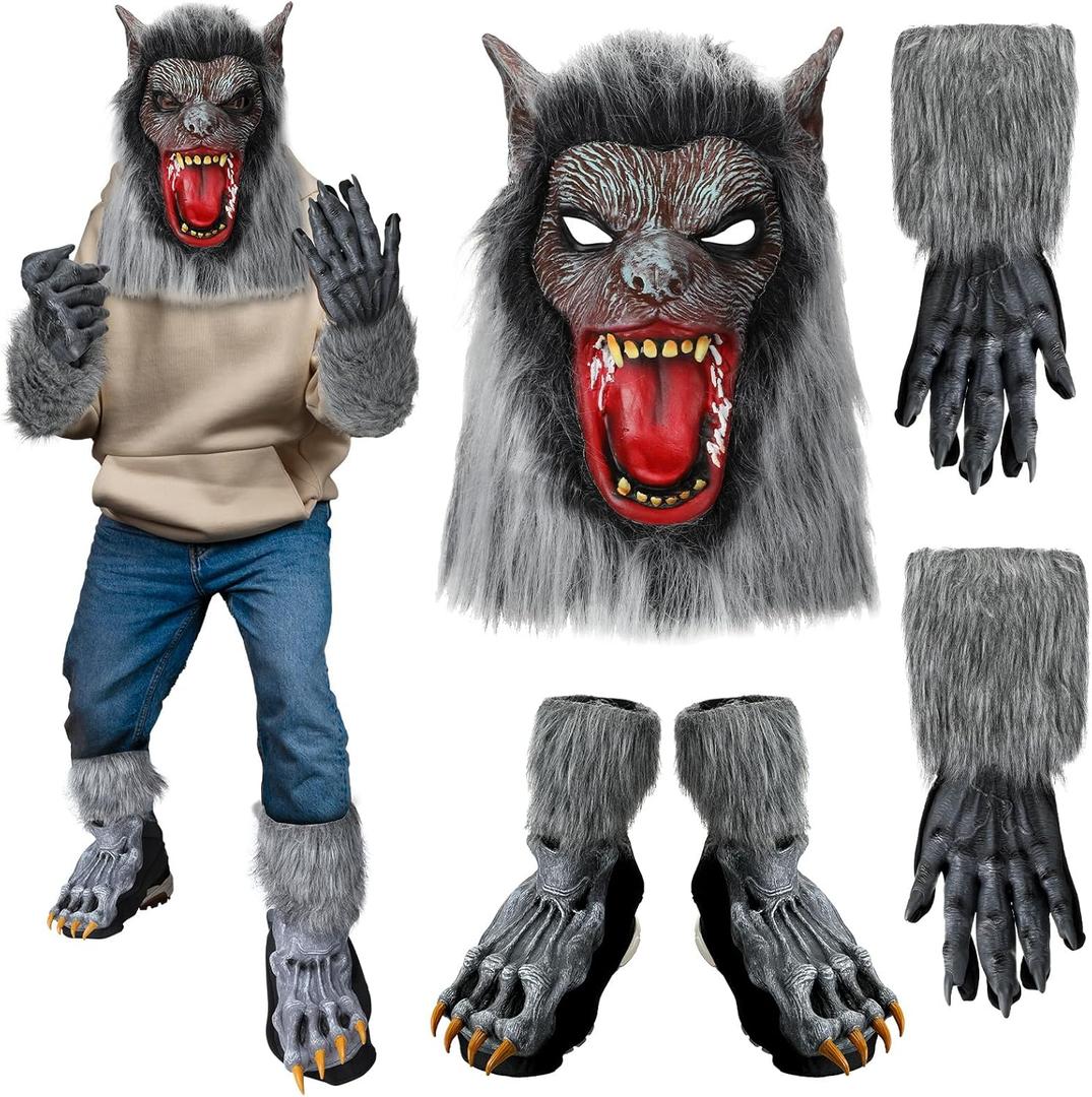 Ramede 3 Pcs Halloween Werewolf Costume Adult Wolf Head Mask Claws Gloves Werewolf Shoe Covers for Men Women Unisex Adult Dress up Cosplay Party Gifts