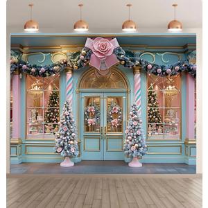 7x5ft Christmas store backdrop photography winter snow Christmas tree pink flowers girl portrait photo background new year wallpaper banner decoration Photozone