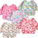 PandaEar 5 Pack Baby Long Sleeve Bibs| Waterproof Full Sleeve Bib for Baby Infant Toddler 6-36 Months (Pink)