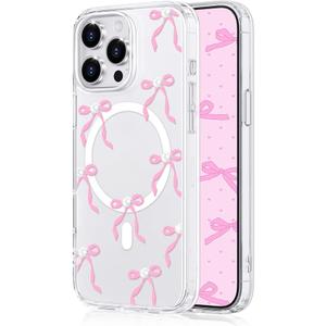 Magnetic for iPhone 15 Pro Max Case with Bow - Magnetic Clear Case Compatible with MagSafe, Slim Aesthetic Phone Cover for Women Girls, Anti-Yellowing Shockproof Stylish Protective Cover - Pink