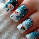 Christmas Press on Nails Blue Snowman Fake Nails Snowflake Short Square False Nails with Holly Gradient Polka Dot Blue Stick on Nail Xmas Full Cover Glue on Nails for Women 24Pcs