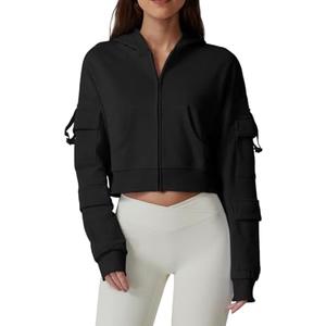 QINSEN Hoodies for Women Full Zip Up Cropped Jacket Long Sleeves with Cargo Pockets Sweatshirts Tops, S