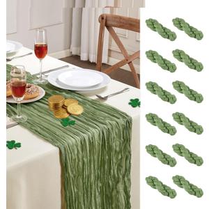 12 Pack Sage Green Cheesecloth Table Runner 10FT Long Boho Gauze Table Runner Rustic Sheer Runner for Wedding Bridal Baby Shower Birthday Party Table Decor Home Easter Thanksgiving Decorations