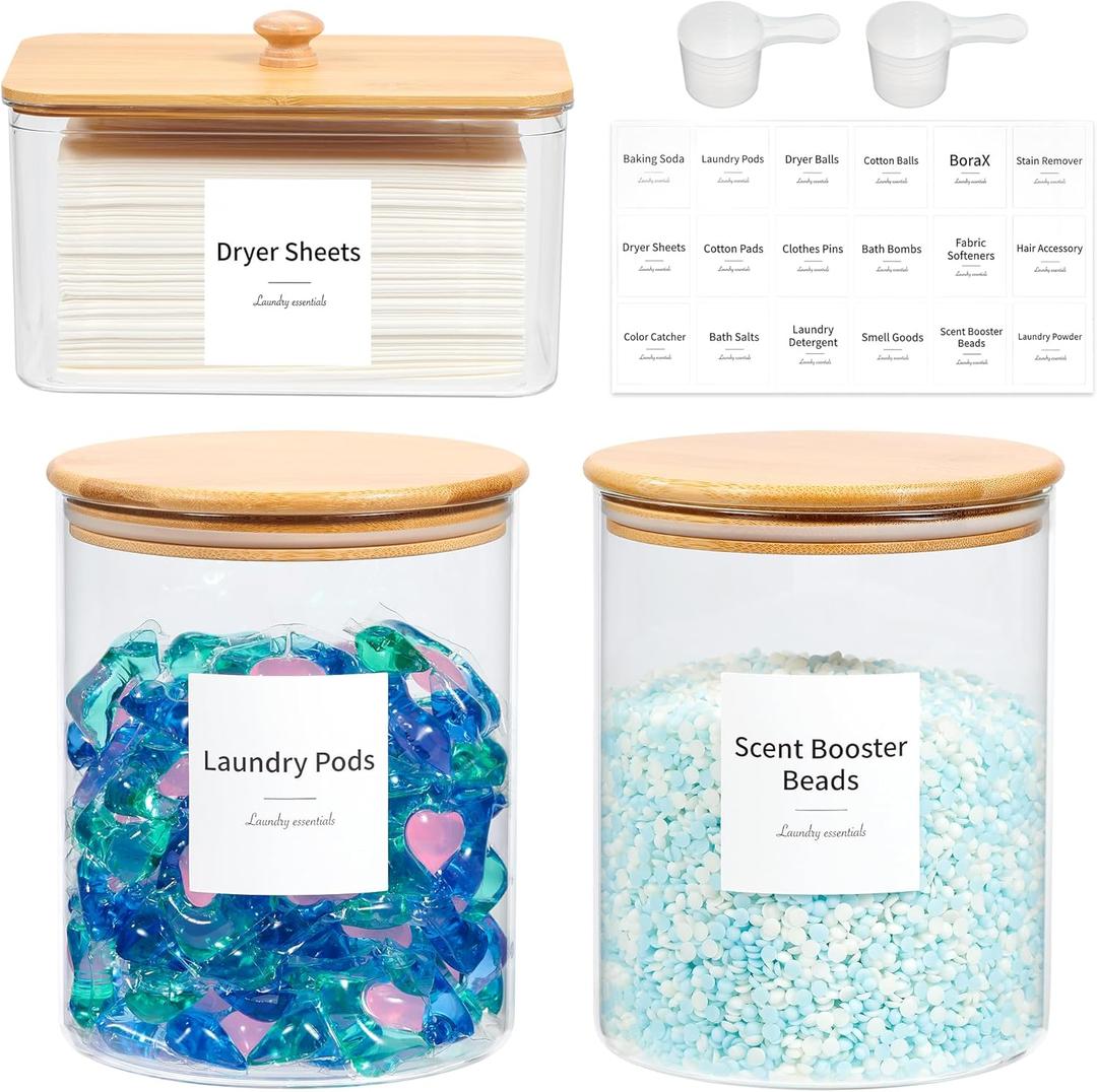 Glass Laundry Pods Container & Acrylic Dryer Sheet Holder with Bamboo Lids, Scoops & Labels | Premium Laundry Room Organization and Storage for Detergent Pods, Powder, Dryer Balls & Beads