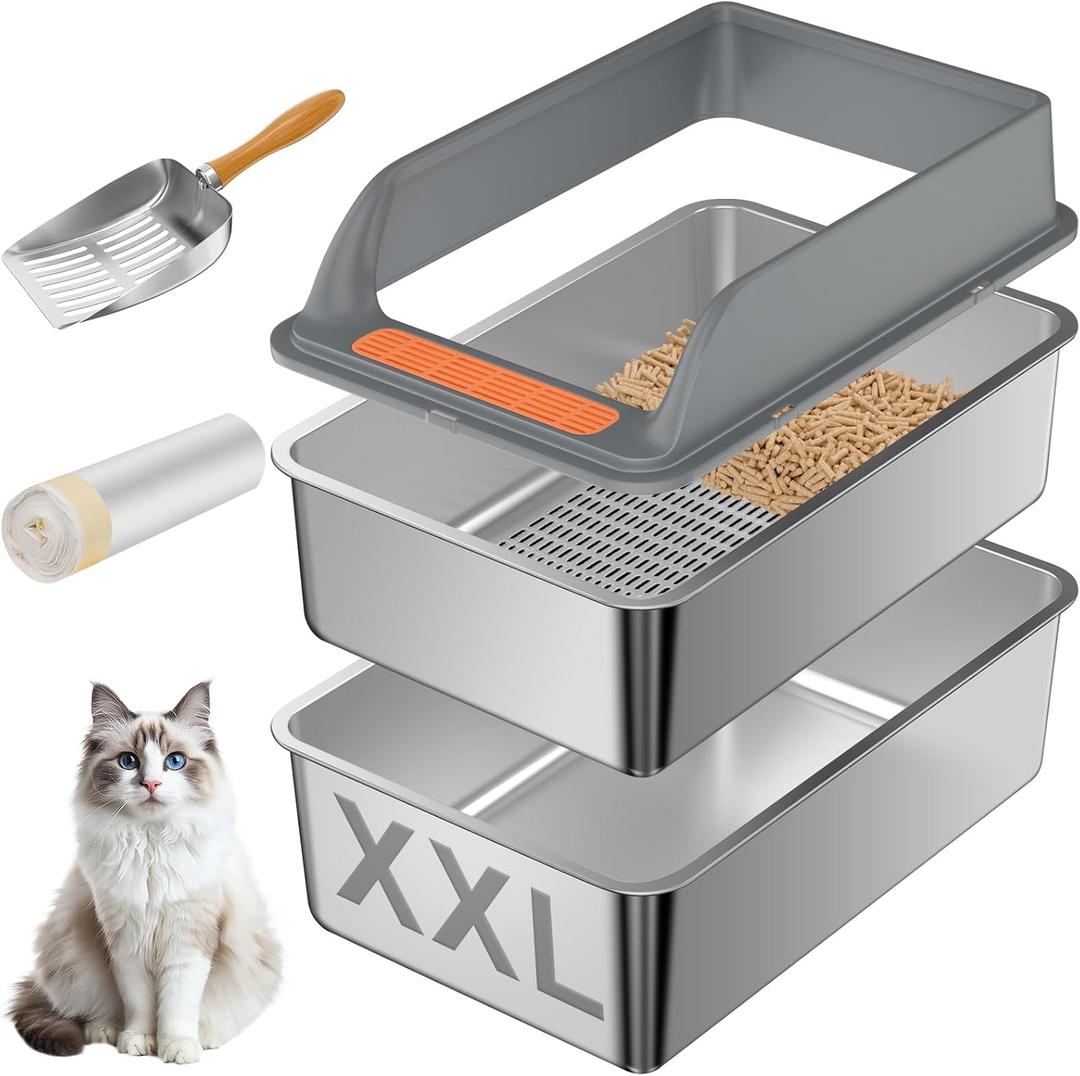 Stainless Steel Sifting Litter Box with Lid, XXL Extra Large Sifting Cat Litter Box for Pine Pellets & Big Cats,Metal Pellet Sifter Litter Pan System for Odor Control,Sifting Box Liners & Scoop (XXL:23.6''15.7''12'')