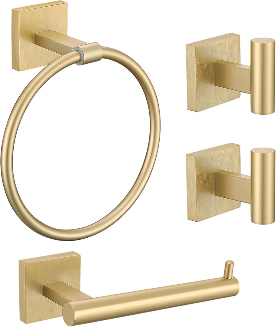 Towel Ring Set 4 Piece Bathroom Hardware Set Includes Towel Ring 2 Towel Hooks and Toilet Paper Holder Stainless Steel Wall Mounted (Brushed Gold)
