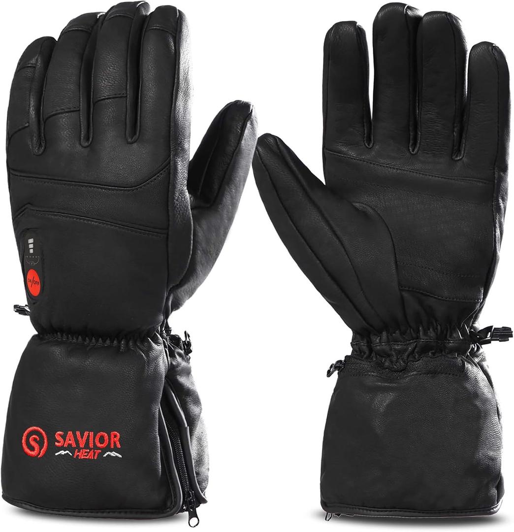 SAVIOR HEAT Heated Gloves for Men Women, Rechargeable Electric Heated Leather Skiing and Snowboarding Gloves, Small